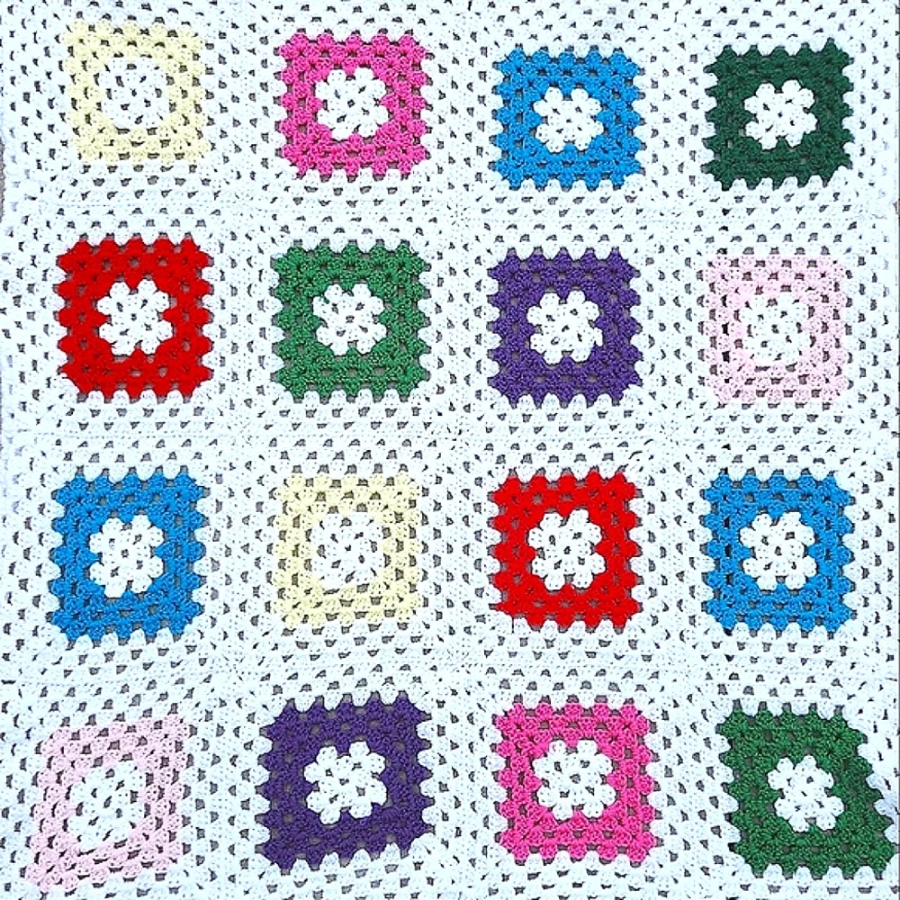 Vintage Homemade Crocheted Multicolor Square Design Afghan Throw Blanket